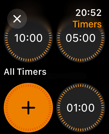 WatchOS user interface for the Apple Timers application