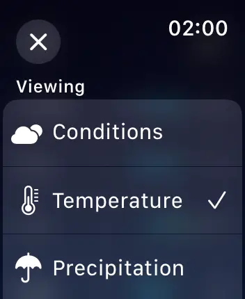 WatchOS user interface for the Apple Weather application