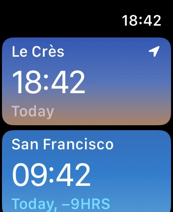 WatchOS user interface for the Apple World Clock application