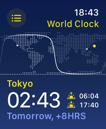 WatchOS user interface for the Apple World Clock application