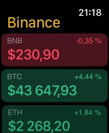 WatchOS user interface for the Binance application