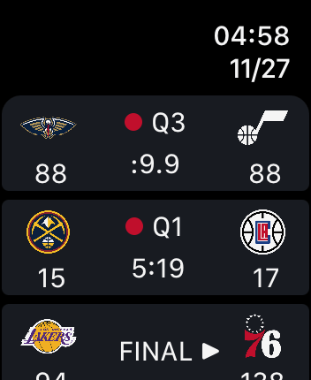 WatchOS user interface for the NBA application