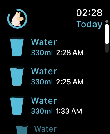 WatchOS user interface for the Waterllama application